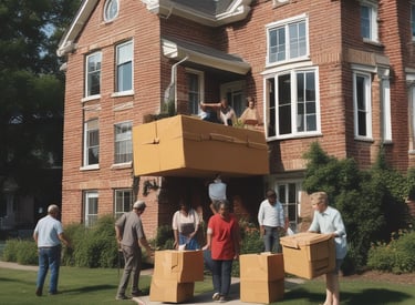 A group of smiling volunteers sorting donated chairs in the store warehouse.