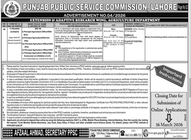 Official PPSC Job Advertisement No 04/2026 for Agriculture Department Punjab.