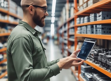 A technician reviewing a digital quote on a tablet in a busy machine shop.