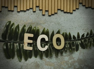 décoration avec du bois et une feuille, avec le mot : eco