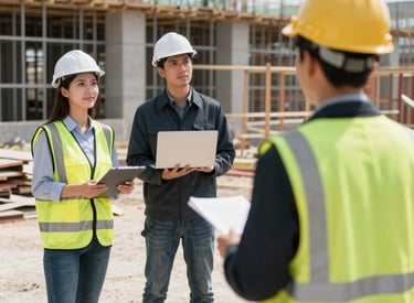 A professional real estate agent warmly consulting with a couple in a modern luxury villa setting.