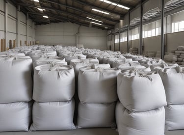 Warehouse shelves stocked with bulk construction materials like cement bags and gravel.