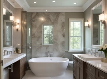 A renovated bathroom showcasing a sleek vanity, glass shower enclosure, and elegant lighting.