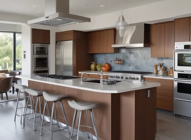 A bright, modern kitchen featuring new cabinetry, countertops, and stainless steel appliances.