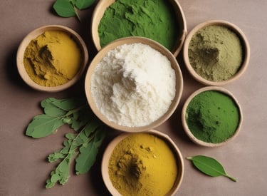 Close-up of vibrant green moringa leaves alongside rustic bowls filled with ginger and garlic powder on a wooden table.