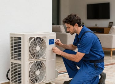 Technician inspecting an air conditioning unit with diagnostic tools in a modern home.