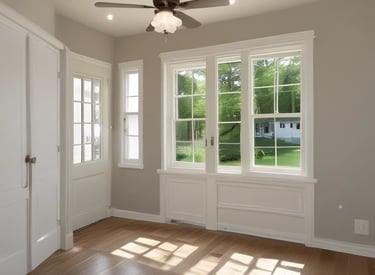 Empty modern room with hardwood floors, large white windows, and a ceiling fan with light.