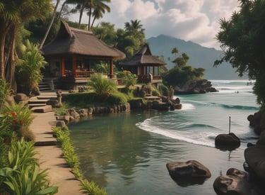 A vibrant beachfront villa surrounded by tropical palms under a golden sunset.