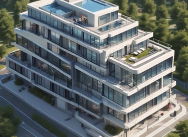 A modern building under construction with visible digital overlays of BIM data.