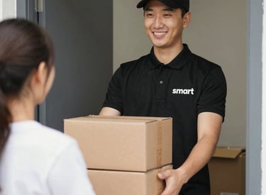 Delivery driver handing a bag of groceries to a smiling customer at doorstep