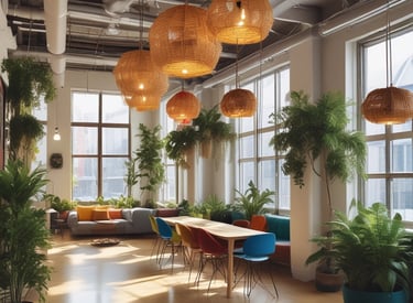 A modern office interior styled with elegant furniture and branded decorative elements.