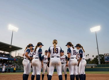 A professional wide-angle shot of a softball team huddle under bright stadium lights at twilight in a North American / US sports complex, showing unity and focus.