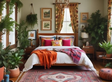 A cozy room filled with warm textures and eclectic decor representing bohemian chic style.