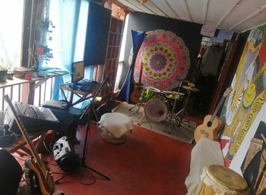 Sala con instrumentos musicales, en una de las paredes un mandala pintado, espacio con plantas