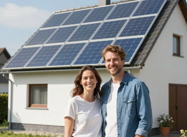 A modern German single-family house with a sleek solar panel installation on the roof under a clear blue sky.