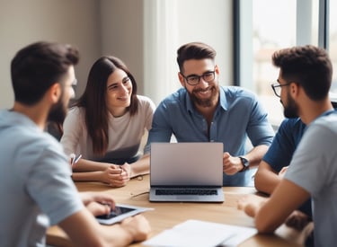 A cheerful tutor engaging in a lively spoken English online class.