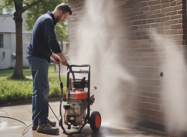 A technician using hot water pressure washing on a commercial building exterior.