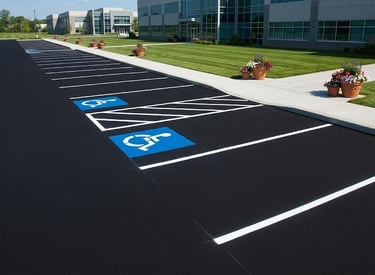 Freshly striped commercial parking lot with ADA blue handicap markings Jackson County