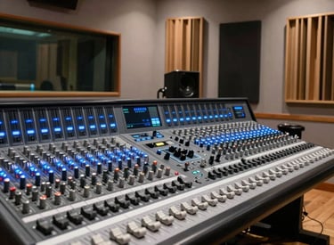 A state-of-the-art South American recording studio, featuring a large mixing console with glowing steel blue indicators, professional acoustic panels, and a sleek modern interior design.