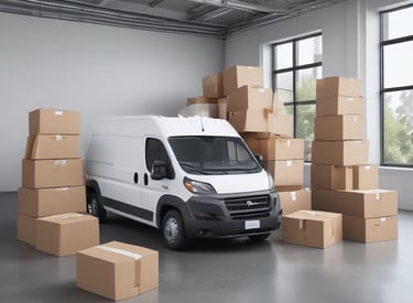 A Benny-box van transporting neatly packed boxes between counties on a sunny day.
