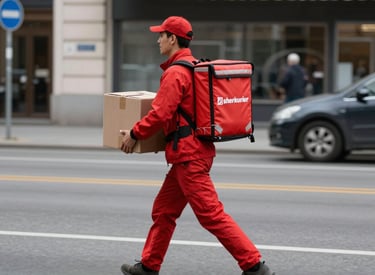 Courier handing over a package to a smiling customer at their doorstep in a cozy neighborhood