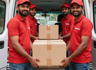 Team of couriers loading packages into a van early in the morning
