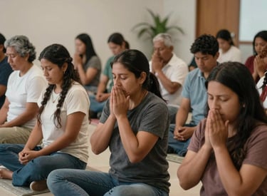 Photography of a diverse group of South American people in a modern, welcoming prayer room, showing a moment of deep spiritual connection and quiet reflection, soft lighting.