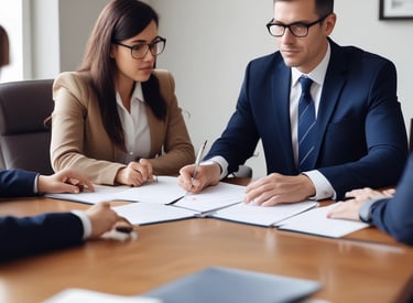 Professionals collaborating on business analytics with charts and laptops.