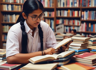 A friendly consultant advising a student with international university brochures spread out on the table.