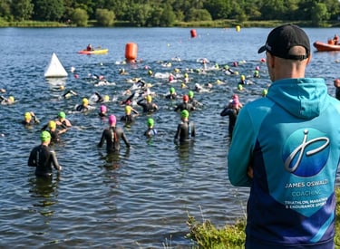 James Oswald Coaching looks out over a lake with Open Water Swimmers and Triathletes