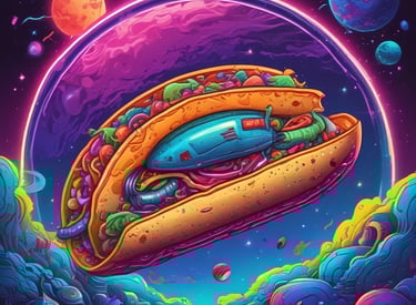 Brightly colored gameplay moment showing Taquito devouring a taco amid dazzling effects.