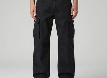 Cargo jeans hanging on a rack, showcasing multiple pockets and rugged fabric perfect for city life.