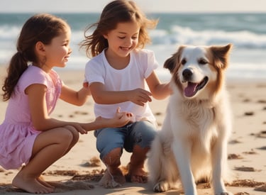 Sophisticated concierge playing with a well-groomed dog and smiling child in a sunlit luxury home.