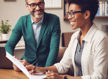 A friendly career coach offering advice to a young professional.