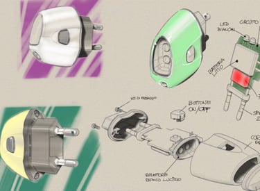 Industrial design sketches and exploded view diagrams of a colorful plug-in LED night light.