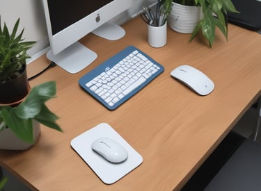 A vibrant office poster with motivational quotes hanging above a tidy workspace.