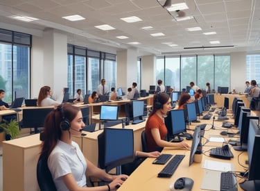A friendly travel agent speaking on the phone with a customer, surrounded by maps and travel guides.