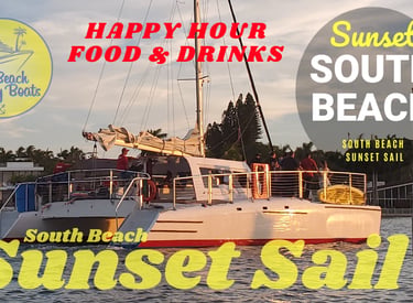 South Beach sunset sail on a luxury party boat catamaran with happy hour food and drinks in Miami.