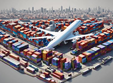 Modern cargo ship loaded with containers set against a clear blue sky at a busy port.