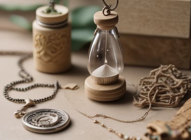 Reloj de arena antiguo sobre una mesa, acompañado de un collar de medallón labrado y alhajeros 