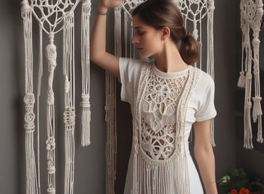 Una mujer con un chaleco de crochet bohemio de pie entre intrincados tapices de macramé 