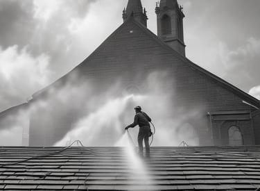 A driveway and deck gleaming after a thorough power wash, with clean gutters visible.