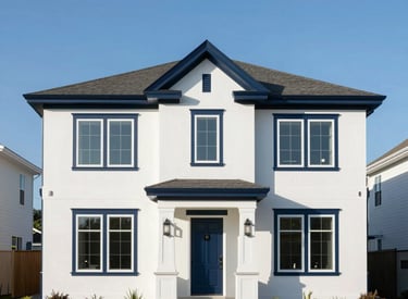 Professional architectural photography of a modern North American home. The house features a soft white facade with deep navy blue accents on the window frames and front door. It is set against a clear blue sky in a well-maintained neighborhood, conveying trust and reliability. Crisp, bright morning sunlight illuminates the scene.