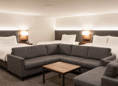 Dark underground safe room interior with metallic gold accents and advanced air filtration system.