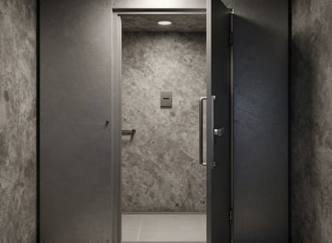 A sleek underground safe room entrance with reinforced steel door, set against a dark charcoal wall with subtle gold accents.