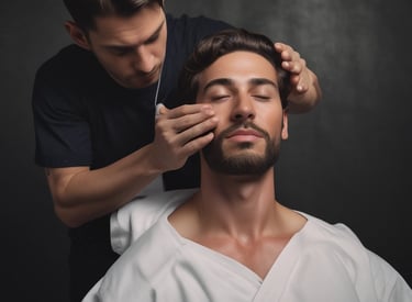 A skilled barber carefully shaping a client's haircut with scissors in a stylish salon setting.