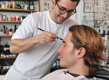 A skilled barber carefully shaping a client's haircut with scissors in a stylish salon setting.