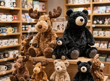A display of plush stuffed moose and black bear toys on a wooden shelf in a gift shop.