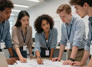 Engineers collaborating over detailed electrical schematics in a bright, modern office.