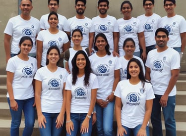 A warm, welcoming group of diverse volunteers working together in a Nepalese village, framed by gentle Islamic geometric patterns.